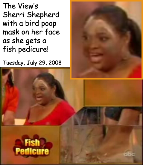 The View's Sherri Shepherd getting a fish pedicure with a bird poop mask on her face!