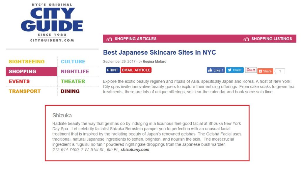 SHIZUKA new york named as one of the Best Japanese Skincare Site in NYC